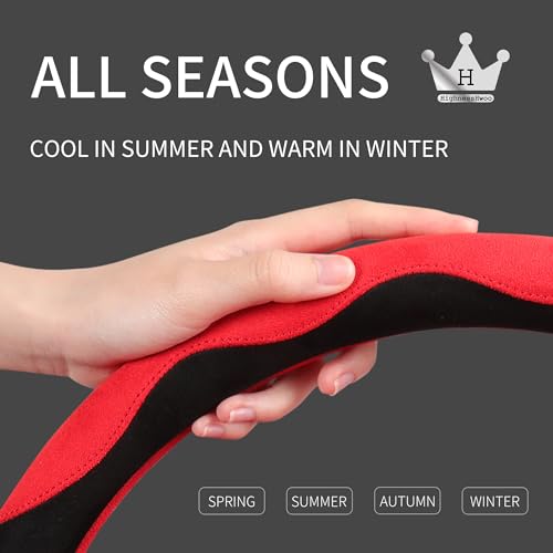 HighnessHwoo Luxury Suede Steering Wheel Cover for Cars, Soft Leather Padded Wheels Cover for Sedan, SUV, Auto Interior Accessories, Thin Car Handle Cover, Universal Fit, Anti Slip, 14-15in, Red - Image 4