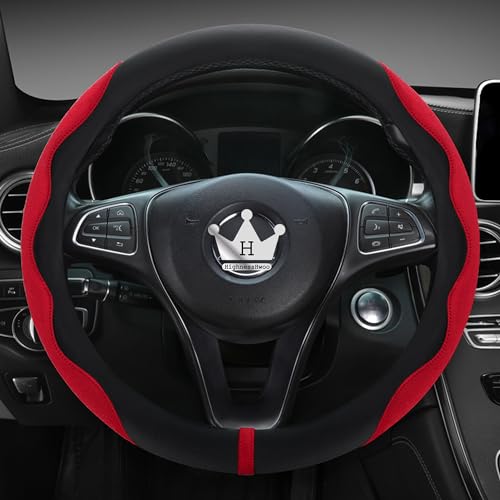 HighnessHwoo Luxury Suede Steering Wheel Cover for Cars, Soft Leather Padded Wheels Cover for Sedan, SUV, Auto Interior Accessories, Thin Car Handle Cover, Universal Fit, Anti Slip, 14-15in, Red - Image 3