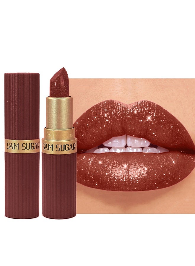 SAM SUGAR Pearl Lipstick,Pink Sparkling Glitter Lipstick, Long Lasting Shimmer Metallic Lipstick,Glitter Nude Red Waterproof Lip Gloss #06 - Image 1