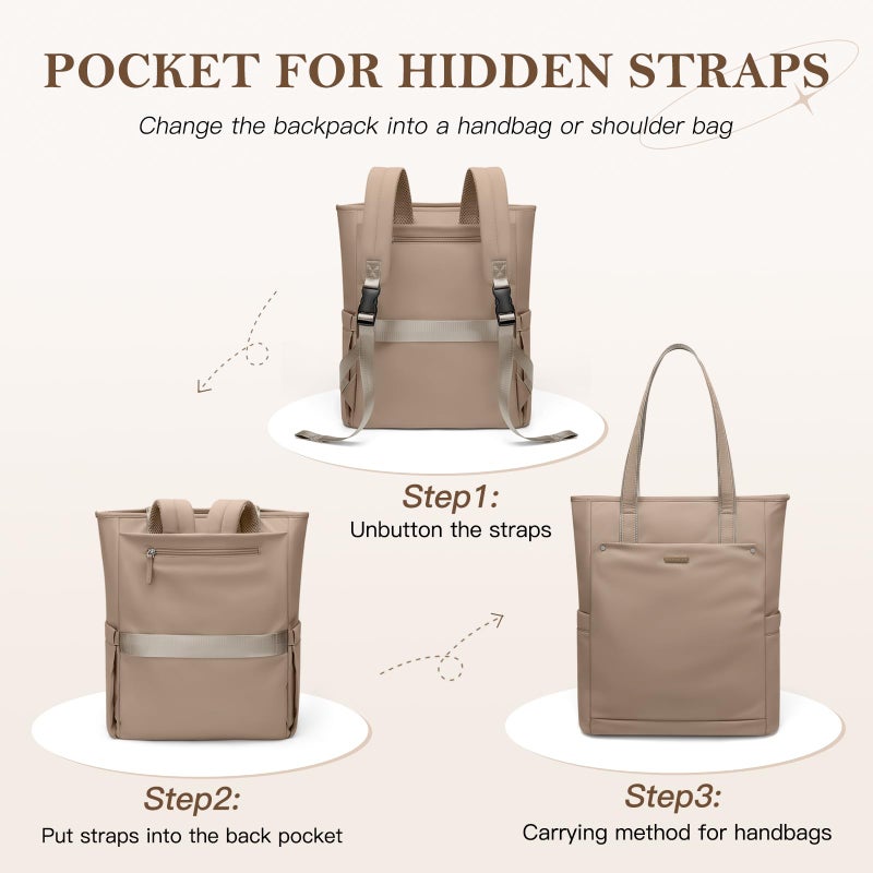 GOLF QUALITY Convertible Laptop Backpack for Women Men Carry on Tote Backpack Teacher Bookbag for College Work Nurse Travel Leisure,16 Inch,Champagne Brown - Image 3