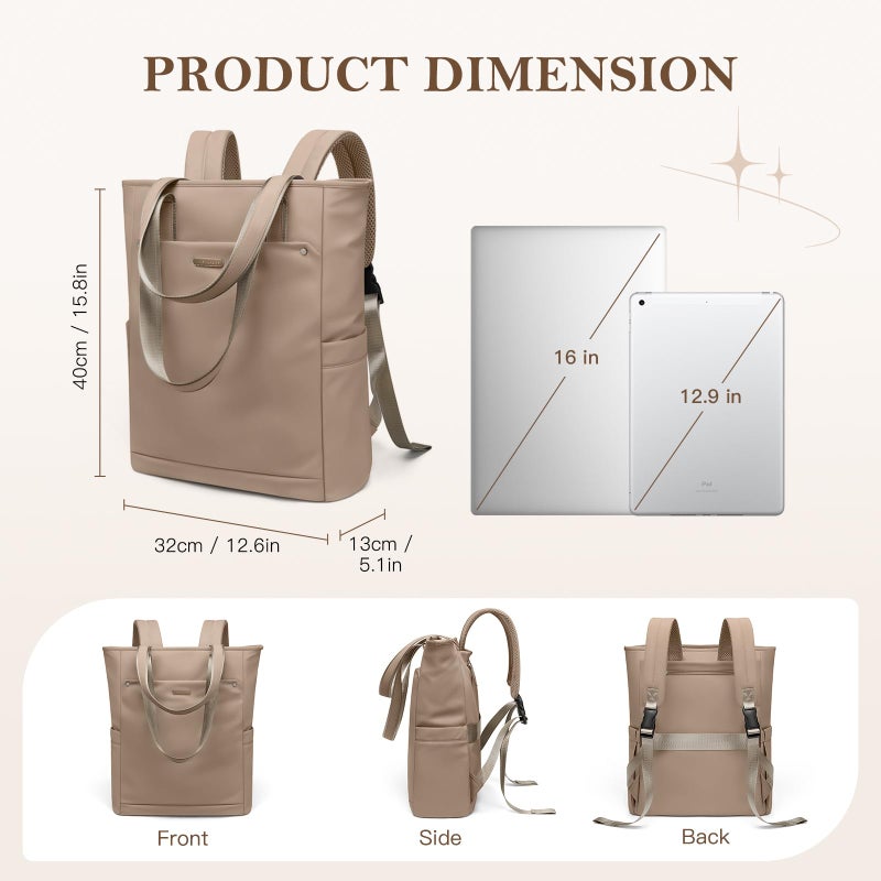 GOLF QUALITY Convertible Laptop Backpack for Women Men Carry on Tote Backpack Teacher Bookbag for College Work Nurse Travel Leisure,16 Inch,Champagne Brown - Image 2