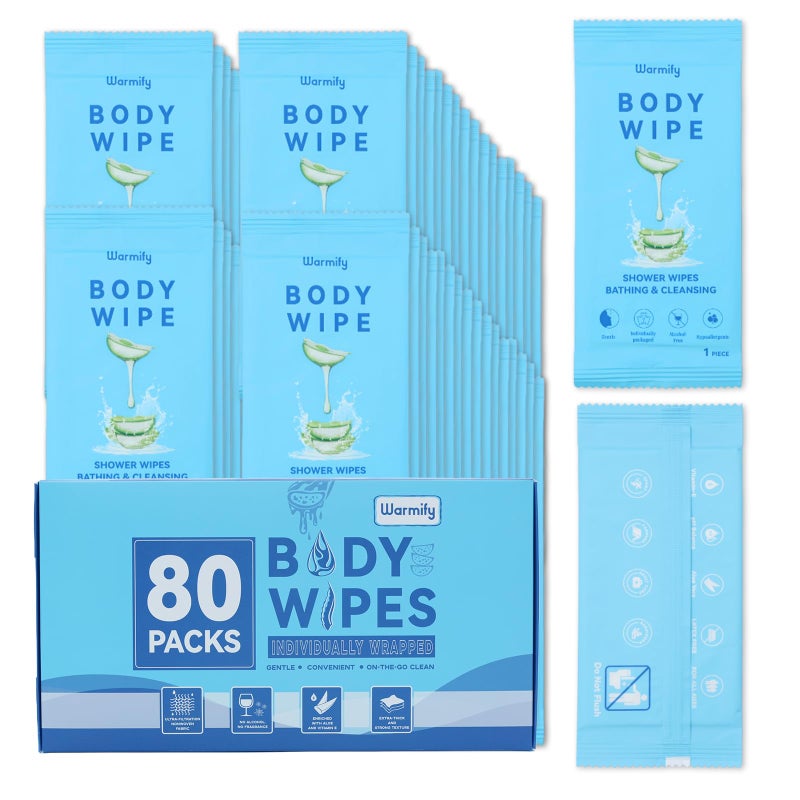 Warmify 80 Pcs Body Wipes Individually Wrapped (9.29" x 8"), Large Shower Wipes for Adults Bathing No Rinse, Portable Personal Cleansing for Gym, Camping, Hiking, Backpacking,Bulk Homeless Supplies - Image 1