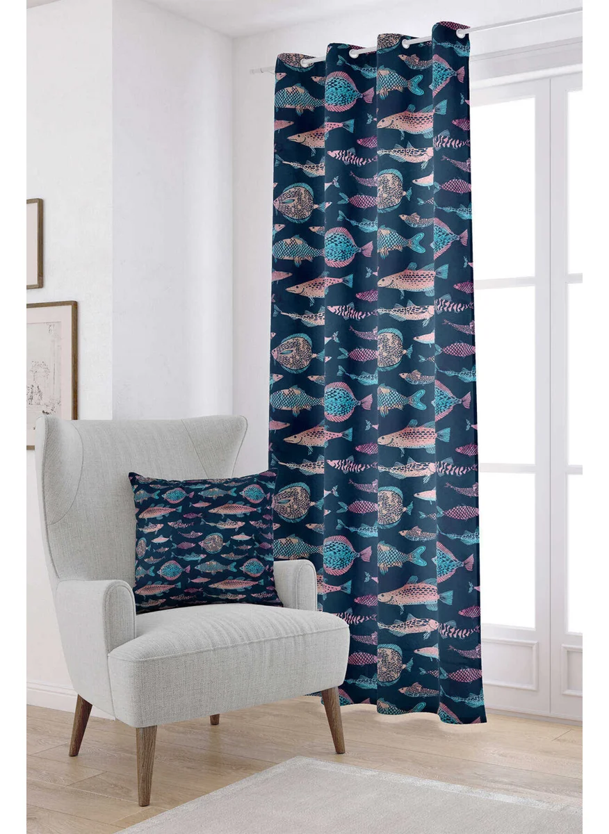 Cango Home Pink Navy Blue Fish Figured Digital Printed Curtain CGH257-PR