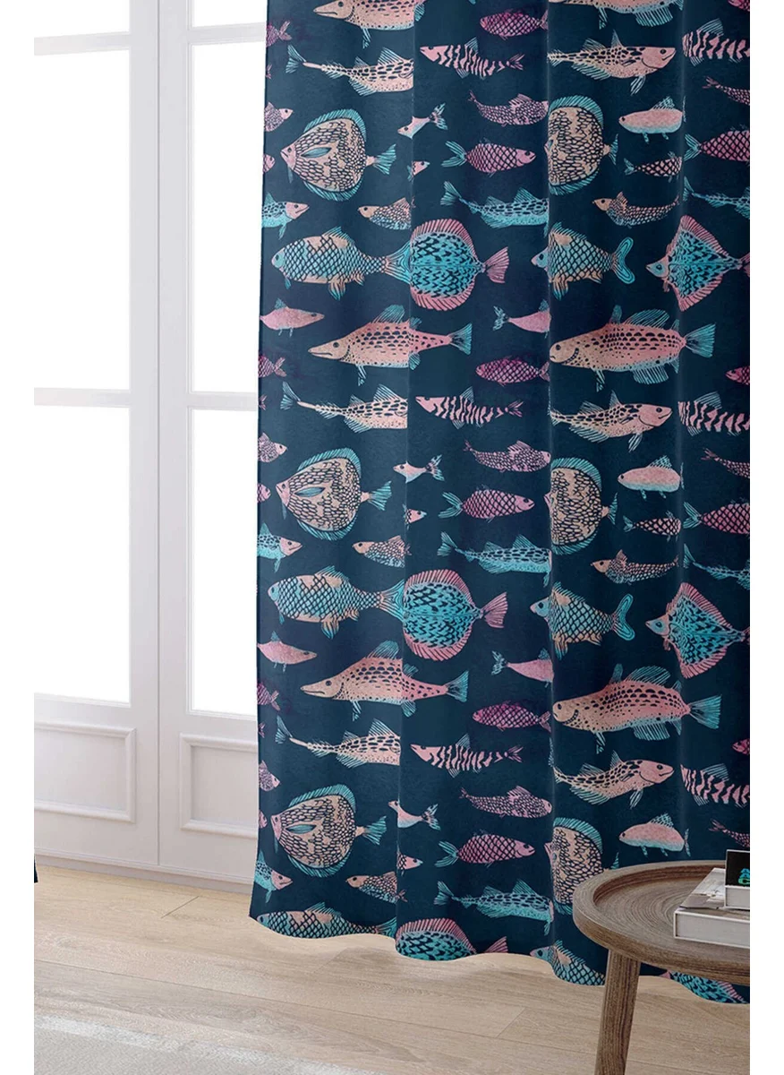 Cango Home Pink Navy Blue Fish Figured Digital Printed Curtain CGH257-PR