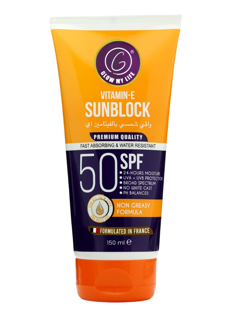 Glow My Life Vitamin-E Sunblock SPF 50 150ml | High UV Protection with Niacinamide, Aloe Vera & Sunflower Oil | Moisturising Sun Shield | Lightweight & Non-Greasy | For Face & Body | All Skin Types - Image 1