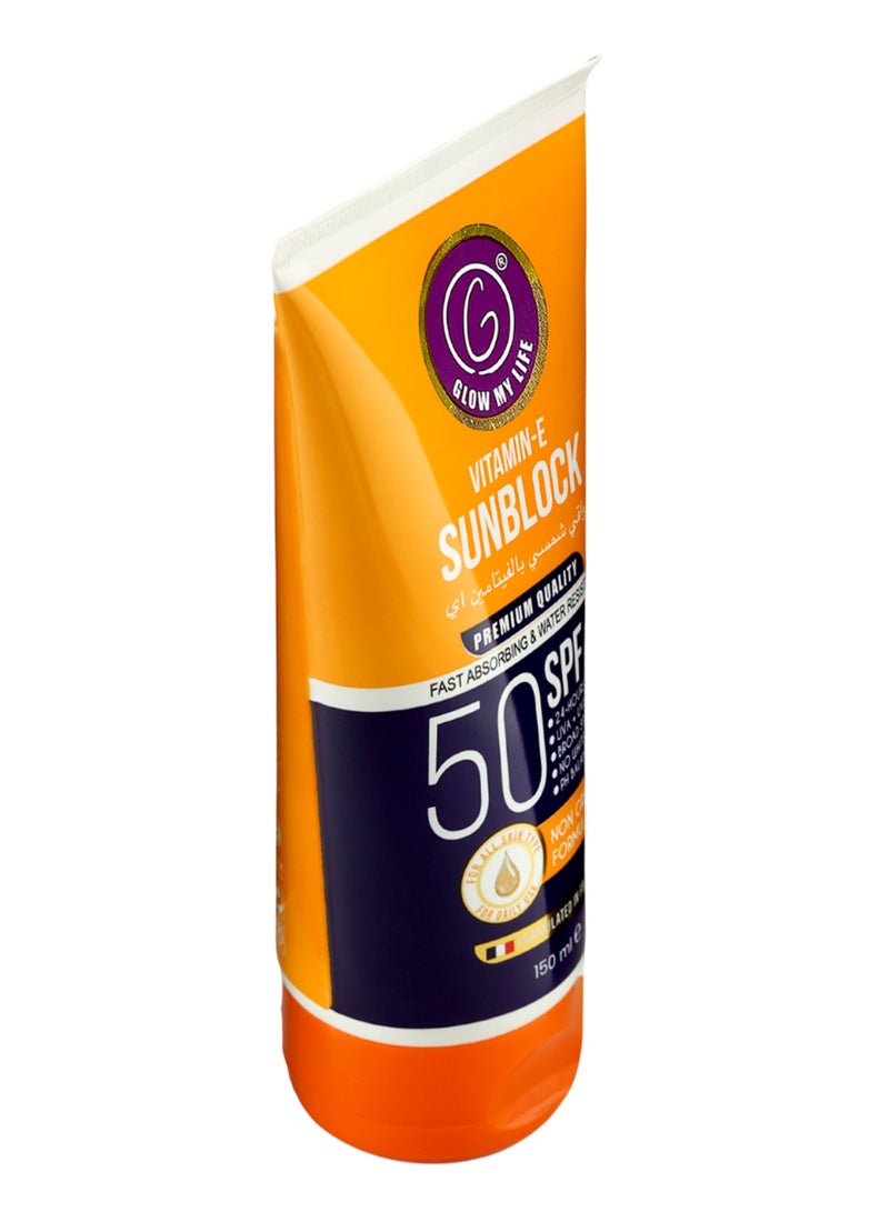 Glow My Life Vitamin-E Sunblock SPF 50 150ml | High UV Protection with Niacinamide, Aloe Vera & Sunflower Oil | Moisturising Sun Shield | Lightweight & Non-Greasy | For Face & Body | All Skin Types - Image 3