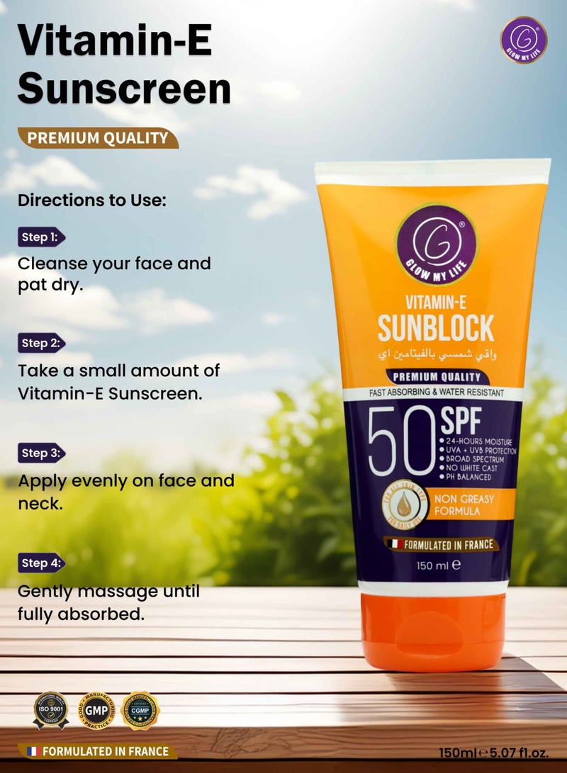 Glow My Life Vitamin-E Sunblock SPF 50 150ml | High UV Protection with Niacinamide, Aloe Vera & Sunflower Oil | Moisturising Sun Shield | Lightweight & Non-Greasy | For Face & Body | All Skin Types - Image 5