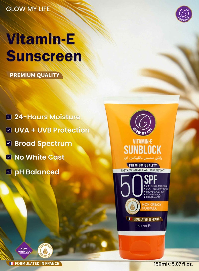 Glow My Life Vitamin-E Sunblock SPF 50 150ml | High UV Protection with Niacinamide, Aloe Vera & Sunflower Oil | Moisturising Sun Shield | Lightweight & Non-Greasy | For Face & Body | All Skin Types - Image 4
