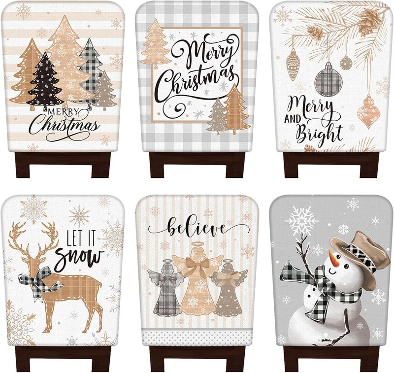 FuWeave 6 Pcs Christmas Chair Covers Beige Christmas Snowflake Chair Back Covers Xmas Chair Protector Slipcovers Washable Winter Dining Room Seat Covers for Home Hotel Kitchen Decorations - Image 1
