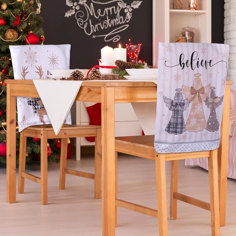 FuWeave 6 Pcs Christmas Chair Covers Beige Christmas Snowflake Chair Back Covers Xmas Chair Protector Slipcovers Washable Winter Dining Room Seat Covers for Home Hotel Kitchen Decorations - Image 2