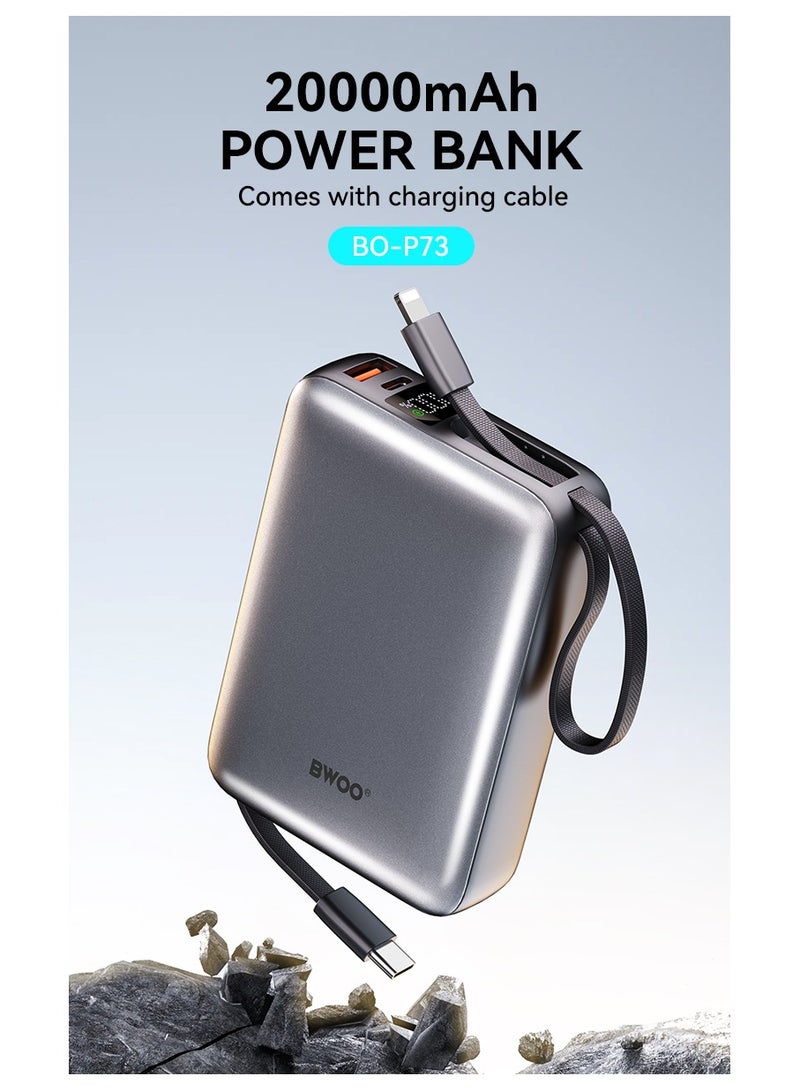 BWOO Power Bank With Digital Power Display Built-In Cable 20000Mah Silver - Image 2