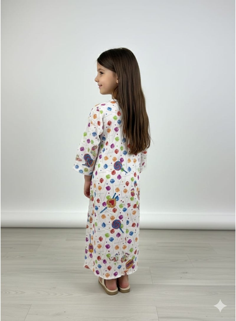Linelle Rayon Printed Kids Jalabiya, White Multicolor Candy Print - Image 3