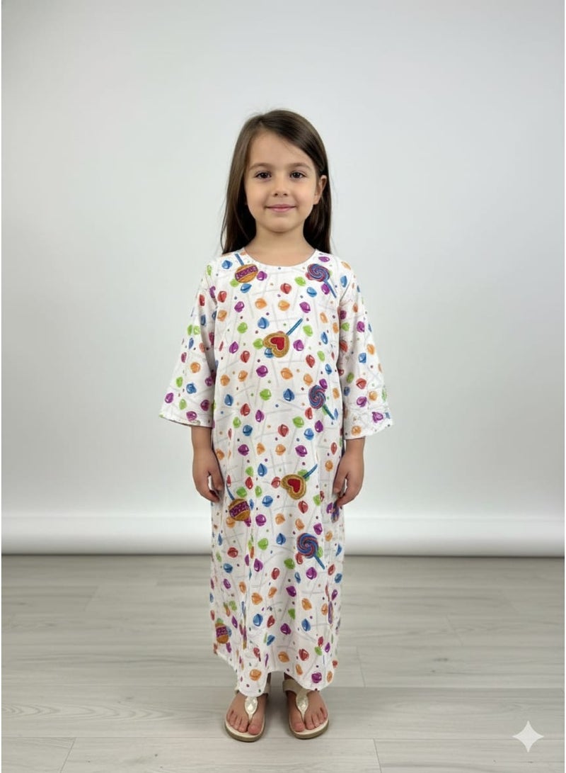 Linelle Rayon Printed Kids Jalabiya, White Multicolor Candy Print - Image 1