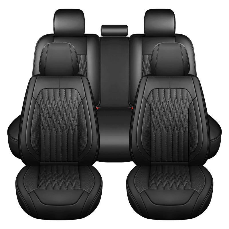 Huidasource Black Car Seat Covers Waterproof Faux Leather Universal Fit Most Cars Sedans SUVs Trucks Airbag Compatible Cup Holder Access Car Seat Compatible Easy Install Wipes Clean - Image 2