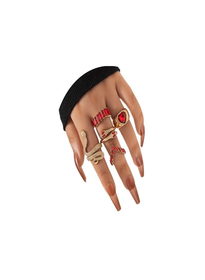 INENIMARTJ Snake Knuckle Rings for Women - Gold Boho Crystal Heart Stacking Finger Rings Set - Vintage Snake Jewelry (Red) - Image 1