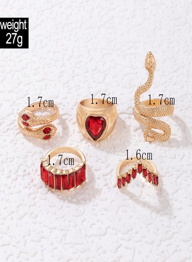 INENIMARTJ Snake Knuckle Rings for Women - Gold Boho Crystal Heart Stacking Finger Rings Set - Vintage Snake Jewelry (Red) - Image 3
