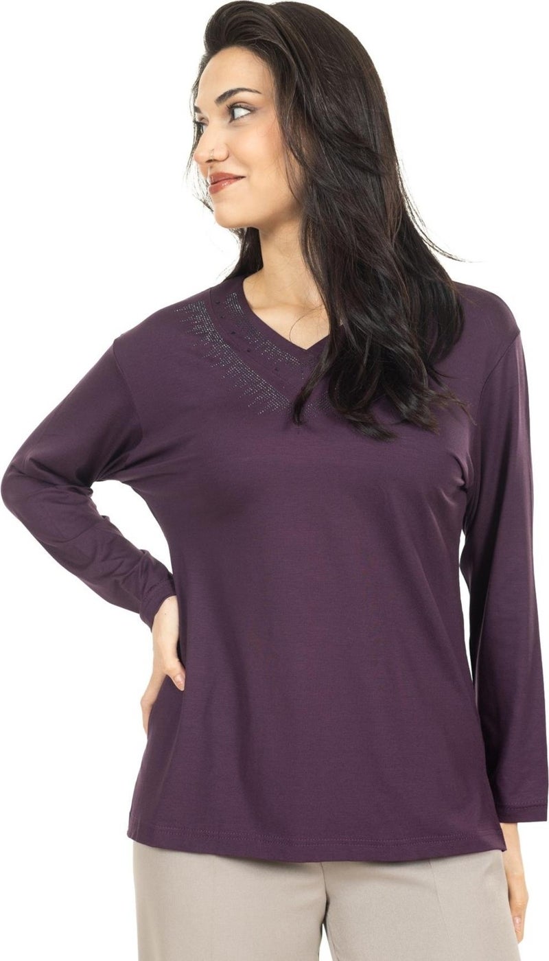 Mutlu City Women Middle Age and Above New Model V Neck Plain Model Mother Cotton Blouse 30565  - Image 3