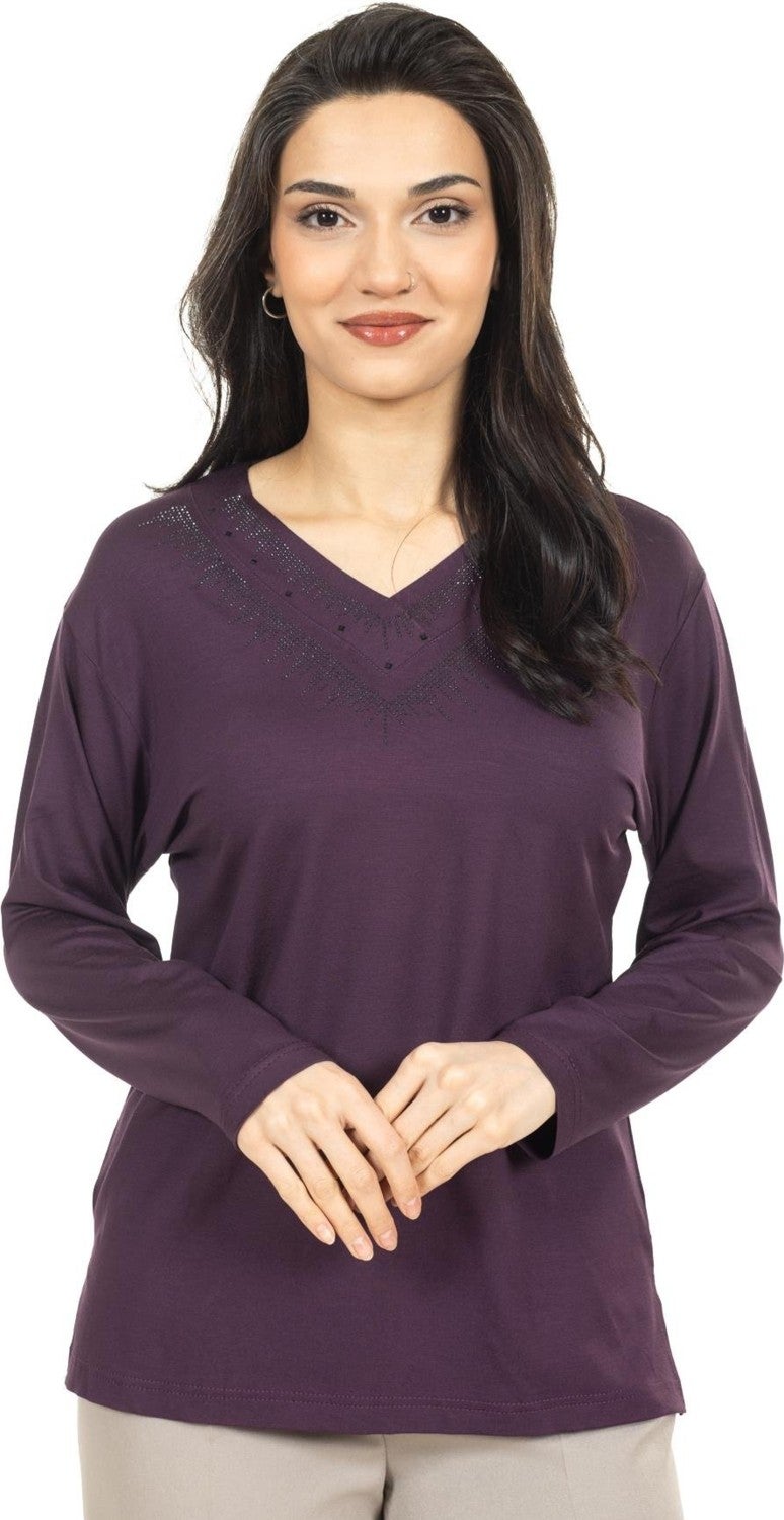 Mutlu City Women Middle Age and Above New Model V Neck Plain Model Mother Cotton Blouse 30565  - Image 1