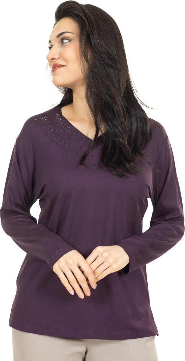 Mutlu City Women Middle Age and Above New Model V Neck Plain Model Mother Cotton Blouse 30565  - Image 4