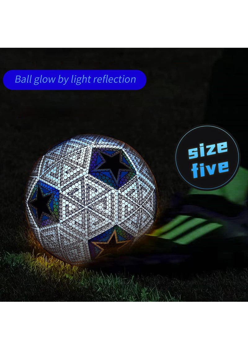 SOLARAE كرة قدم، كرة قدم هولوجرافية حجم 5، كرة قدم متوهجة عاكسة مع مضخة لتدريب كرة القدم الداخلية والخارجية هدية - Image 4