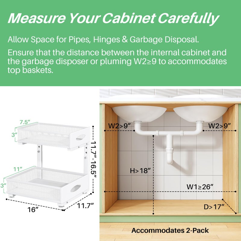 Kitstorack Under Sink Organizer, 2-Pack Pull Out Cabinet Organizer 2 Tier Metal Slide Out Storage Shelf Rack, L-Shaped Adjustable Height,Mesh Sliding Drawer for Kitchen, Bathroom, Laundry, Pantry, White, XL - Image 2