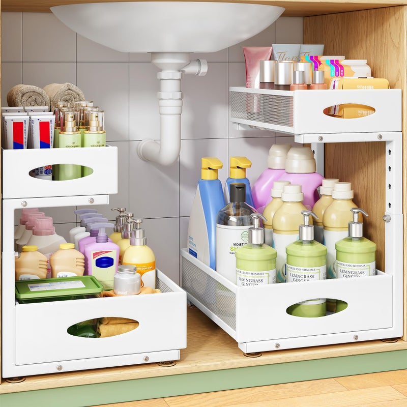 Kitstorack Under Sink Organizer, 2-Pack Pull Out Cabinet Organizer 2 Tier Metal Slide Out Storage Shelf Rack, L-Shaped Adjustable Height,Mesh Sliding Drawer for Kitchen, Bathroom, Laundry, Pantry, White, XL - Image 1