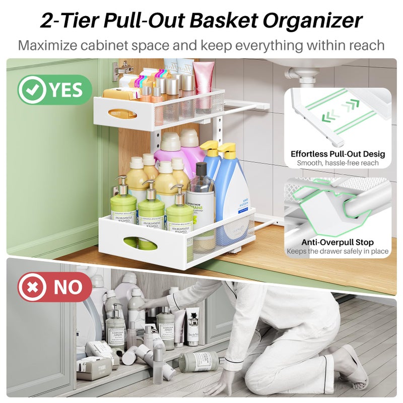 Kitstorack Under Sink Organizer, 2-Pack Pull Out Cabinet Organizer 2 Tier Metal Slide Out Storage Shelf Rack, L-Shaped Adjustable Height,Mesh Sliding Drawer for Kitchen, Bathroom, Laundry, Pantry, White, XL - Image 4