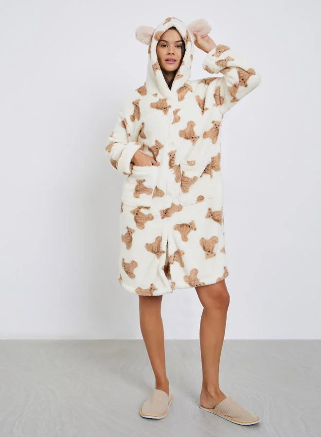 Styli Bear Print and Ear Hood Pocket Robe