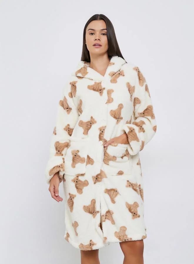 Styli Bear Print and Ear Hood Pocket Robe