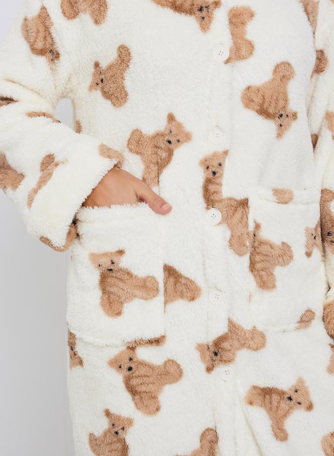 ستايلي روب بطبعة دب وياقة هودي مزينة بأذنين - Image 3