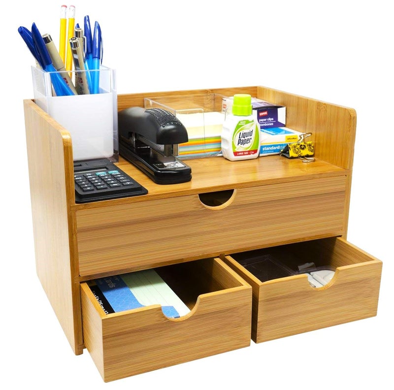 Sorbus Bamboo Desk Organizer - 3-Tier 100% Bamboo Desktop Organizers â€“ Mini Bamboo Desk Drawer Tabletop Storage Box Countertop Organization 3 Drawers & Shelf - Office, Makeup Vanity, Fully Assembled - Image 1