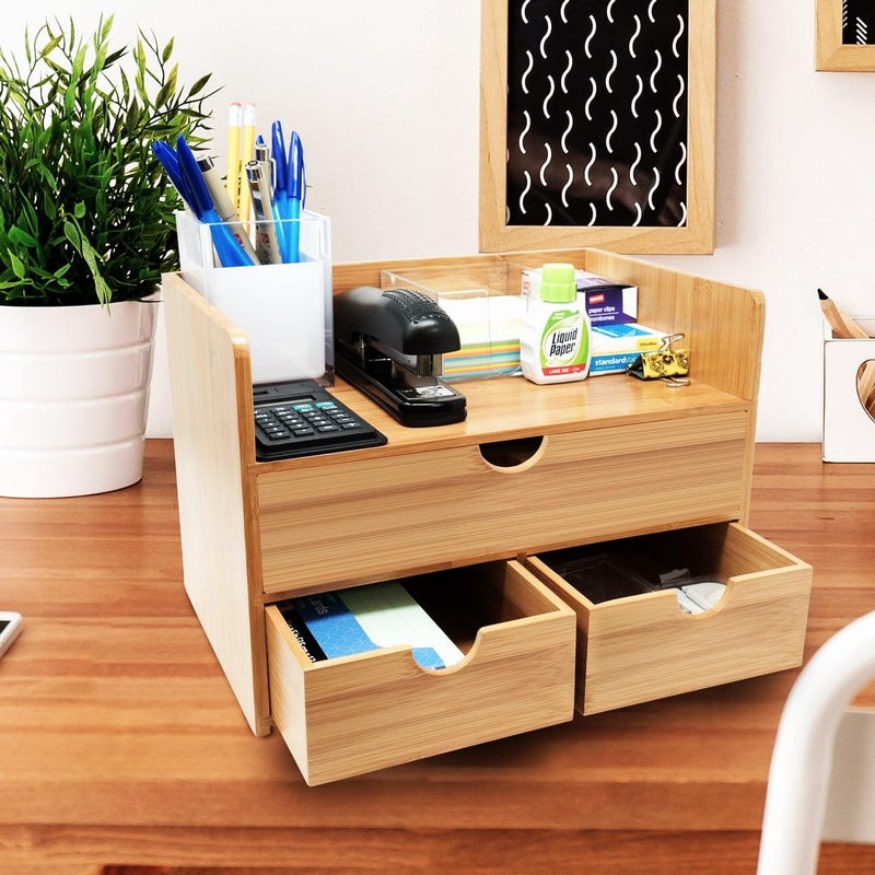Sorbus Bamboo Desk Organizer - 3-Tier 100% Bamboo Desktop Organizers â€“ Mini Bamboo Desk Drawer Tabletop Storage Box Countertop Organization 3 Drawers & Shelf - Office, Makeup Vanity, Fully Assembled - Image 3
