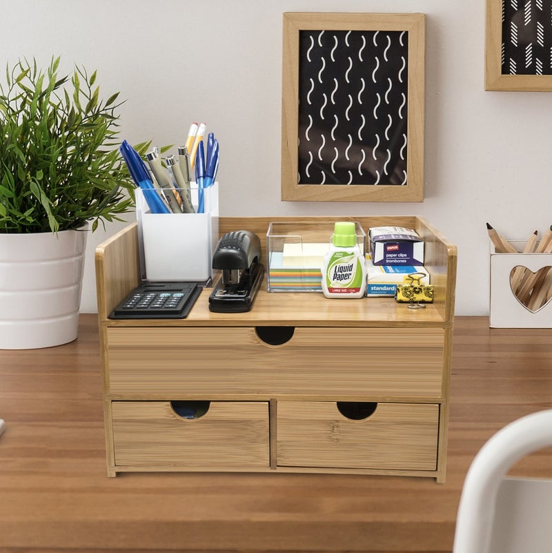 Sorbus Bamboo Desk Organizer - 3-Tier 100% Bamboo Desktop Organizers â€“ Mini Bamboo Desk Drawer Tabletop Storage Box Countertop Organization 3 Drawers & Shelf - Office, Makeup Vanity, Fully Assembled - Image 5