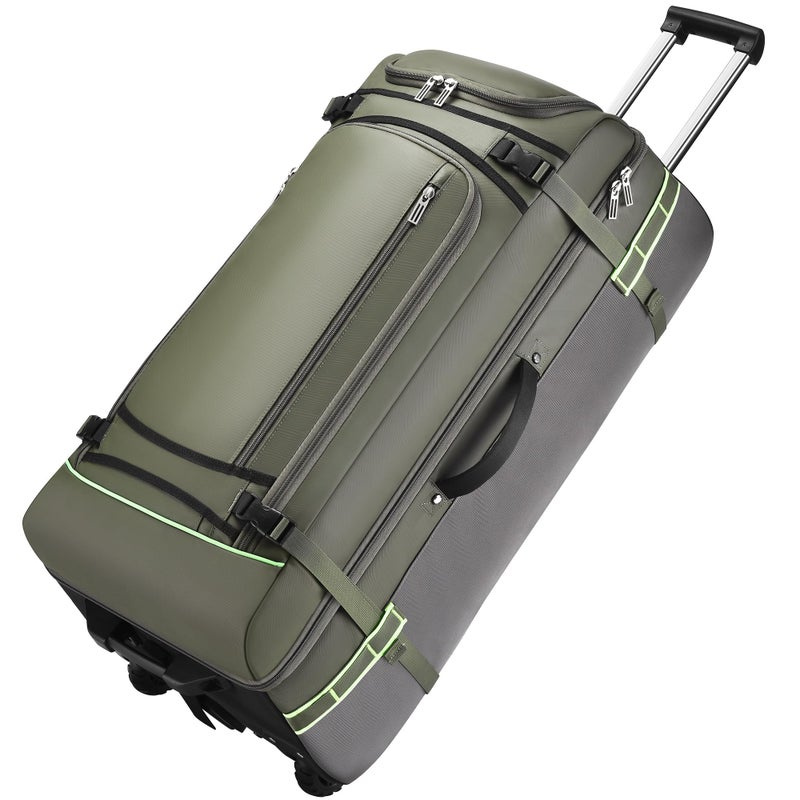 Heliar 100L Extra Large Rolling Duffel Bag with Wheels and Handle â€“ 33" Heavy-Duty 1600D PVC Checked Luggage for Business Travel, Menâ€™s Week-Long Trips & Student Relocation, Foldable Base Design (Army Green) - Image 1