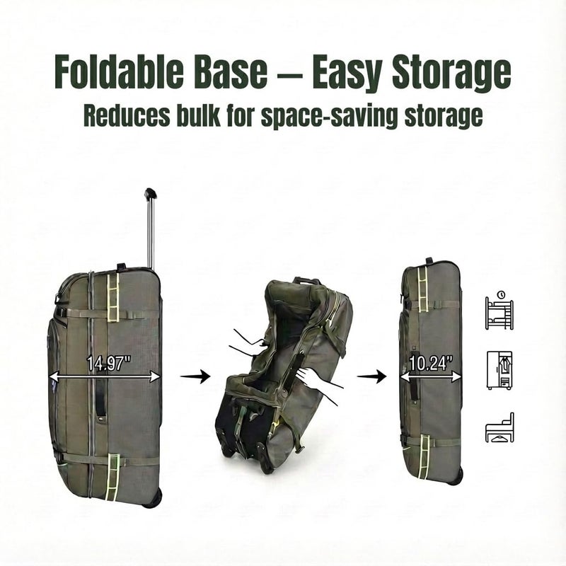 Heliar 100L Extra Large Rolling Duffel Bag with Wheels and Handle â€“ 33" Heavy-Duty 1600D PVC Checked Luggage for Business Travel, Menâ€™s Week-Long Trips & Student Relocation, Foldable Base Design (Army Green) - Image 4