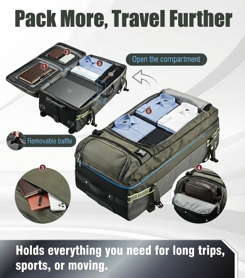 Heliar 100L Extra Large Rolling Duffel Bag with Wheels and Handle â€“ 33" Heavy-Duty 1600D PVC Checked Luggage for Business Travel, Menâ€™s Week-Long Trips & Student Relocation, Foldable Base Design (Army Green) - Image 5