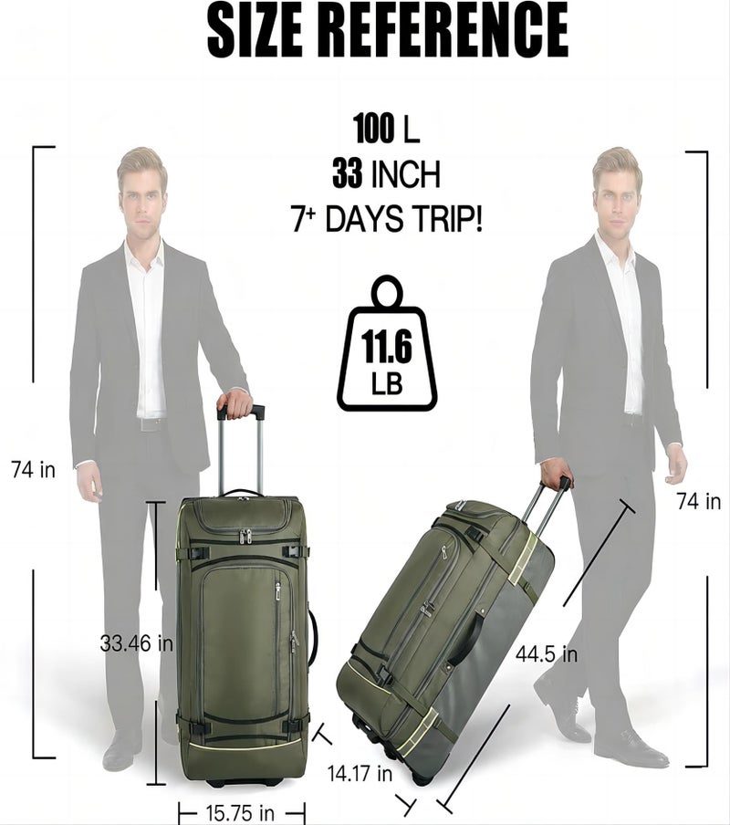 Heliar 100L Extra Large Rolling Duffel Bag with Wheels and Handle â€“ 33" Heavy-Duty 1600D PVC Checked Luggage for Business Travel, Menâ€™s Week-Long Trips & Student Relocation, Foldable Base Design (Army Green) - Image 3