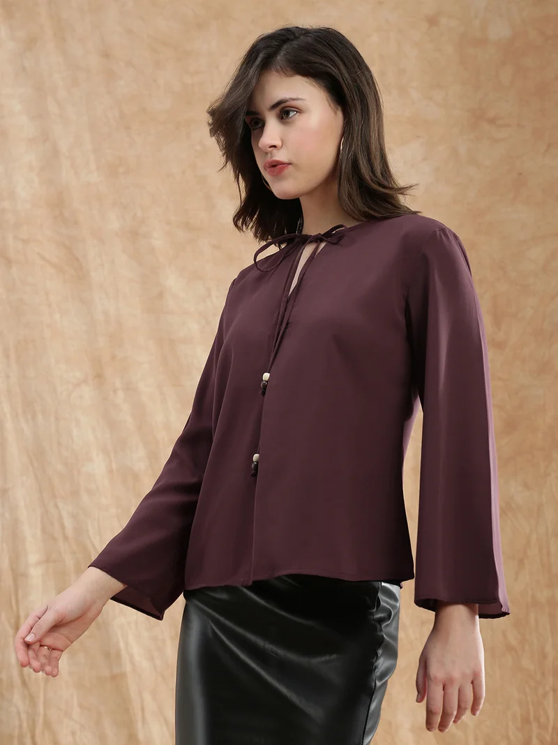 globus Globus Women Pink Tie-Up V-Neck Flared Sleeve Georgette Workwear Top