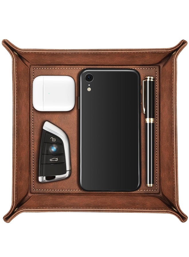 PU Leather Desktop Valet Tray Storage Organizer Brown - Image 1