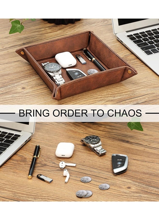 PU Leather Desktop Valet Tray Storage Organizer Brown - Image 4