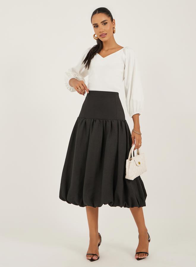 ستايلي تنورة ميدي بخصر مرتفع وأكمام بالون وخط - Image 1