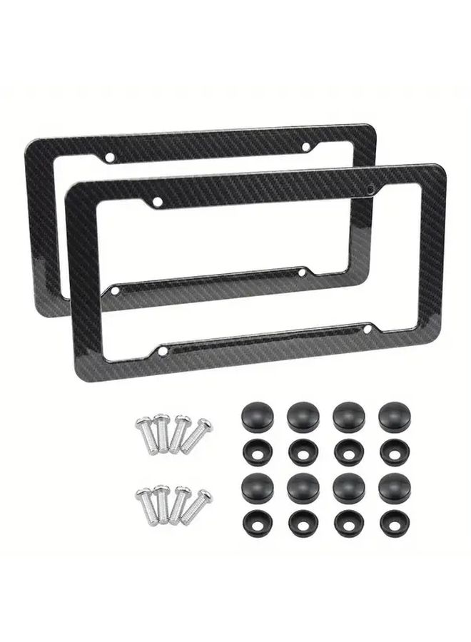 1pc Black Carbon Fiber Pattern License Plate Frame With Mounting Hardware - Image 2