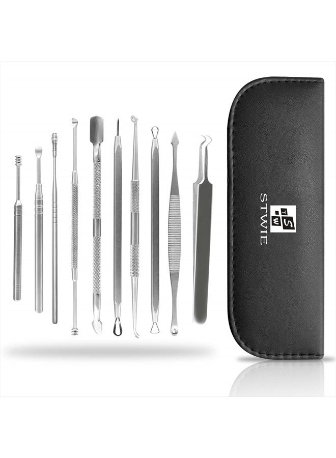 STWIE 10pcs Pimple Popper Blackhead Remover Tool +Ear Wax Removal +Cuticle Pusher Stainless Steel Comedone Zit Blemish Acne Kit with Brush & Leather Bag  - Image 1