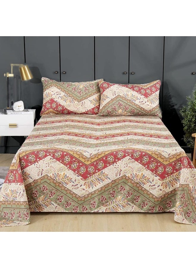 DaDa Bedding Collection - DaDa Bedding Collection DaDalogy Botanical Top Flat Sheet w/Pillow Cases - Bohemian Chevron Cranberry Sage Floral Multi-Colorful - Full Size - 3-Pieces - Image 1