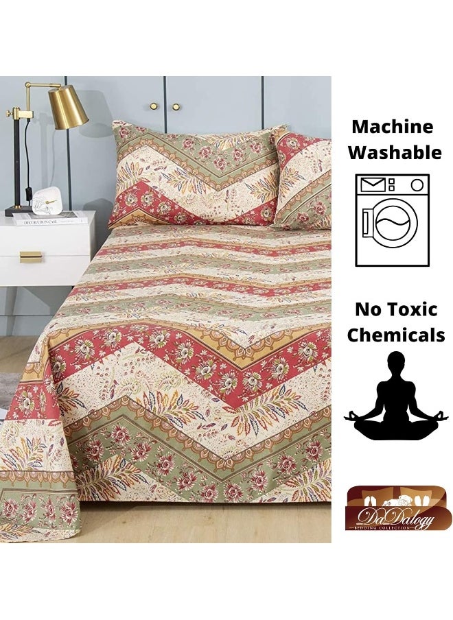 DaDa Bedding Collection - DaDa Bedding Collection DaDalogy Botanical Top Flat Sheet w/Pillow Cases - Bohemian Chevron Cranberry Sage Floral Multi-Colorful - Full Size - 3-Pieces - Image 1