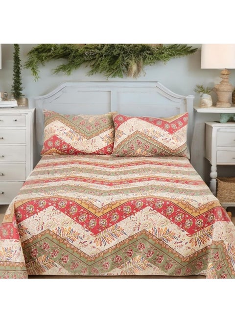 DaDa Bedding Collection DaDalogy Botanical Top Flat Sheet w/Pillow Cases - Bohemian Chevron Cranberry Sage Floral Multi-Colorful - Full Size - 3-Pieces
