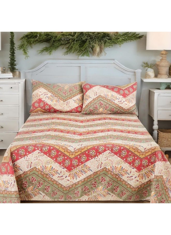 DaDa Bedding Collection - DaDa Bedding Collection DaDalogy Botanical Top Flat Sheet w/Pillow Cases - Bohemian Chevron Cranberry Sage Floral Multi-Colorful - Full Size - 3-Pieces - Image 1