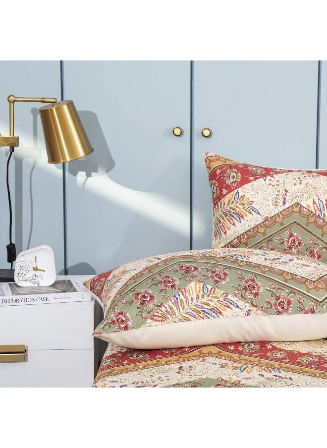 DaDa Bedding Collection - DaDa Bedding Collection DaDalogy Botanical Top Flat Sheet w/Pillow Cases - Bohemian Chevron Cranberry Sage Floral Multi-Colorful - Full Size - 3-Pieces - Image 1