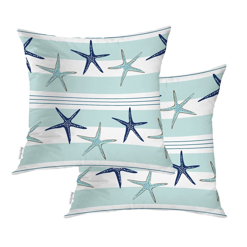BaoNews Coastal Navy Blue Pillow Covers  Coastal Starfish Repeat Pattern Navy Turquoise Square 16 x 16 Inches Decorative Throw Pillow Covers Cotton Cushion for Sofa Bedroom Car  Blue 06  Set of 2 - Image 1