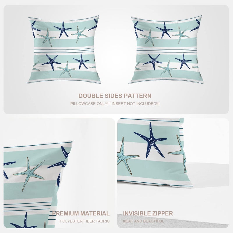 BaoNews Coastal Navy Blue Pillow Covers  Coastal Starfish Repeat Pattern Navy Turquoise Square 16 x 16 Inches Decorative Throw Pillow Covers Cotton Cushion for Sofa Bedroom Car  Blue 06  Set of 2 - Image 4